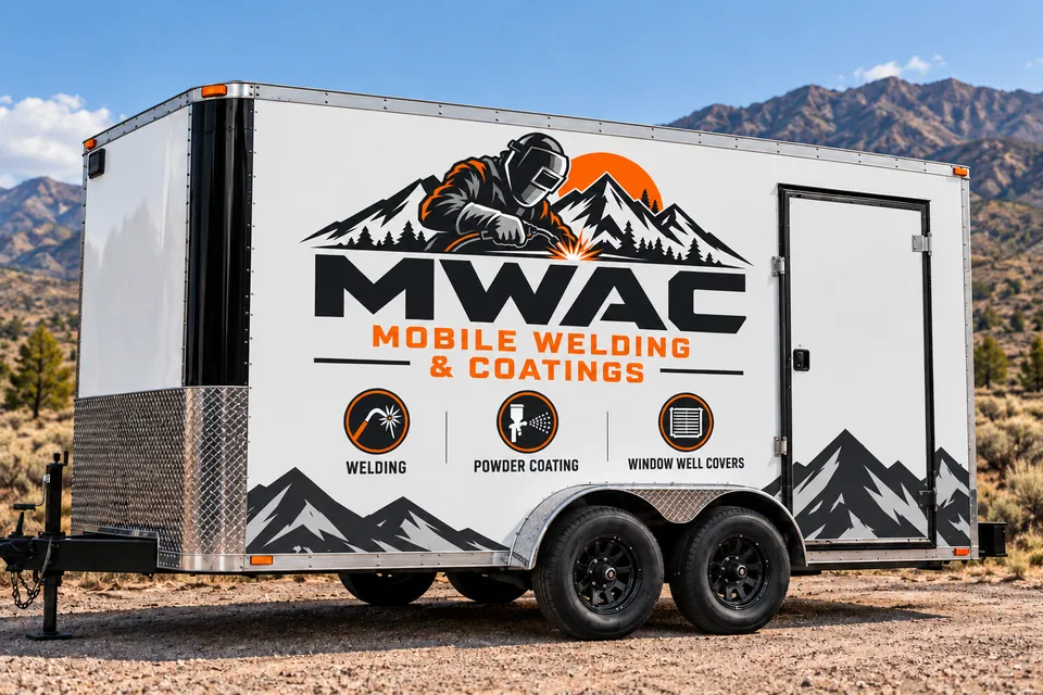 MWAC trailer wrap illustration with a welder, mountain border, and Mobile Welding & Coatings lettering